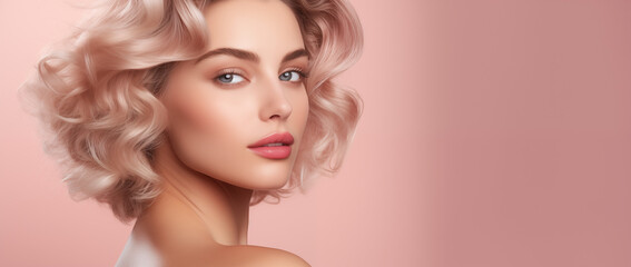 Fototapeta premium Portrait of beautiful young woman with clean fresh skin on pink background