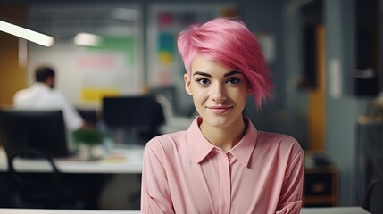 Fototapeta premium Portrait of beautiful professional businesswoman with short pink hair looking at camera. Modern corporate office workplace scene.