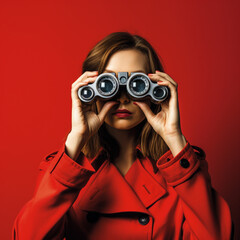 Woman with a binoculars on a red background. Sales concept.