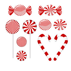Obraz premium Red striped candy set. Candy cane, lollipop, candies in wrapper. Design element for Christmas, New Year, birthday, party. Vector illustration.