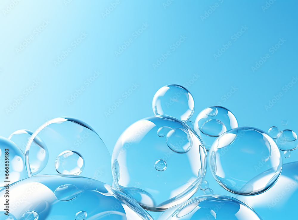 Poster soaring bubbles on blue background. abstract soap bubbles floating background.