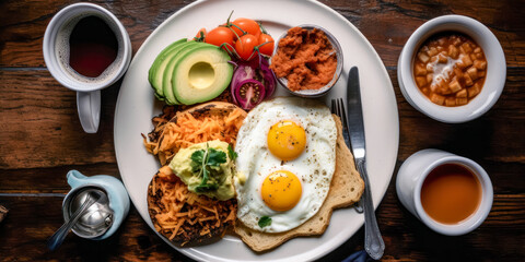 Breakfast with avocado toast, salmon, eggs and coffee. Generative AI.