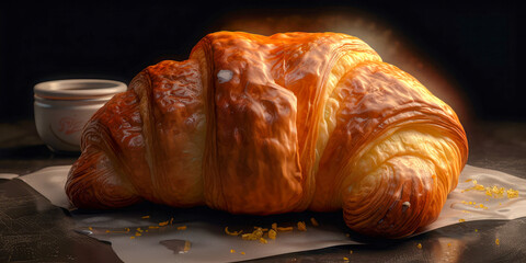 Close-up of an exquisite croissant on the table table. Generative AI.