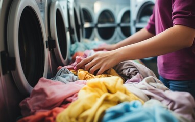 Woman doing laundry in the washing machine shop.