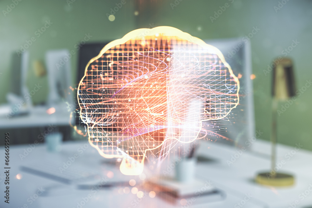 Aufkleber Creative artificial Intelligence concept with human brain sketch on modern computer background. Double exposure