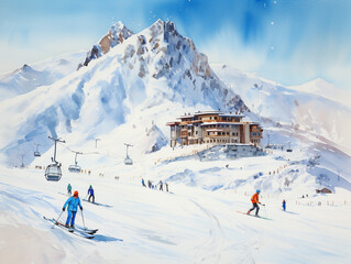 Illustration of a ski resort in winter drawing using watercolor medium. Facilities for skiers are available here. The weather is good with a bright and blue sky. - obrazy, fototapety, plakaty
