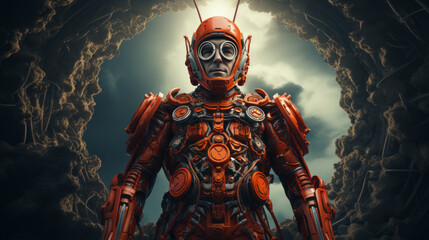 SuperHero - Man with futuristic mechanic suit and helmet with big glasses in a cave.