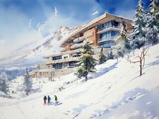 Illustration of a ski resort in winter drawing using watercolor medium. Facilities for skiers are available here. The weather is good with a bright and blue sky.