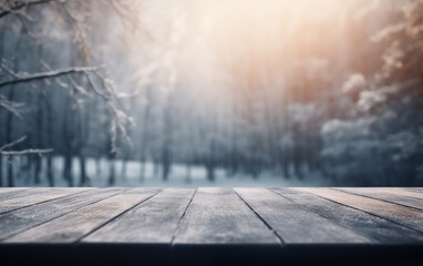 Empty wooden table winter background generation of AI