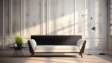 Fototapeta premium white and black seventies style sofa in a modern living room . 3D rendering. Vintage style. Ai generative.