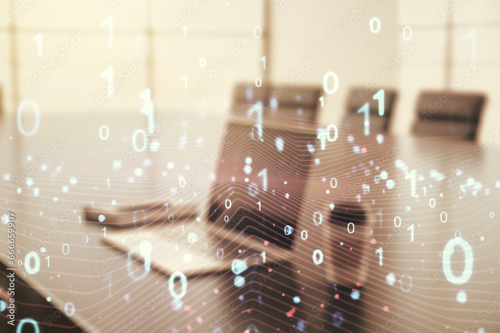 Fototapete creative abstract binary code hologram on modern computer background, ai and machine learning concep