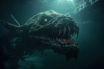 Creepy monster leviathan in the deep dark ocean. Horror atmosphere