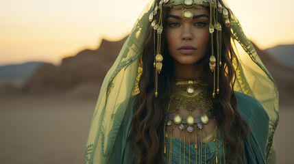 Mysterious woman in desert nature.