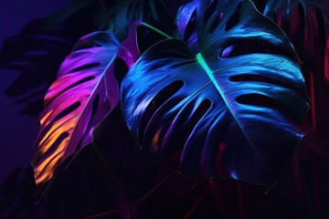 Obraz premium Neon tropical banner with monstera leaves. Nature concept