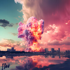 Vivid dense smoke above the city, a powerful explosion, a catastrophic event, the reflection of a cloud of smoke on the surface of the water in the foreground.