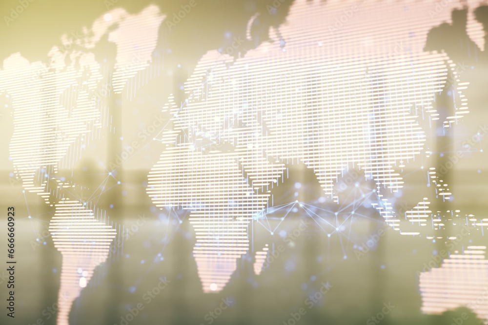 Aufkleber double exposure of abstract digital world map hologram on empty room interior background, big data a