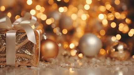 golden christmas background with balls and present