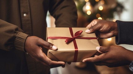 A close-up of a customer's hands accepting a well-wrapped package, emphasizing the personalized service offered by the post office. 