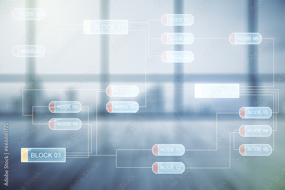 Poster multi exposure of abstract graphic coding sketch on modern interior background, big data and network