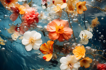 Obraz na płótnie Canvas multi-colored flowers on the surface of the water. view from above. wallpaper. generative ai