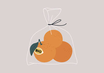 A collection of ripe oranges neatly arranged in a transparent plastic bag, forming a still life composition