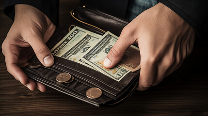 A man's fingers carefully counting the cash inside his wallet, emphasizing financial responsibility and planning. 