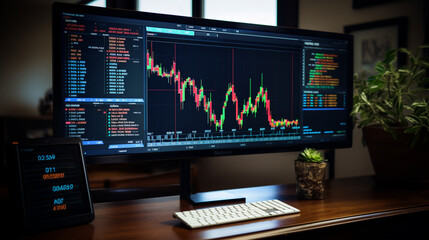 A computer monitor displaying an interactive stock price chart with technical indicators and trend analysis tools for investors. 