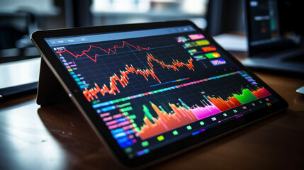 Stock market data displayed on a tablet screen, with colorful graphs and charts depicting price movements and trends.  - obrazy, fototapety, plakaty
