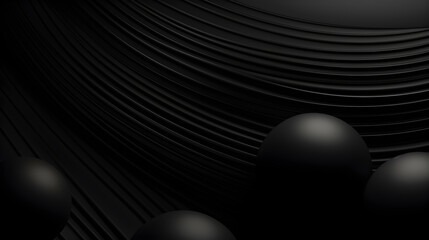 Abstract background with black 3d spheres, curved stripes, banner.