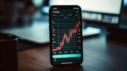 A mobile phone displaying a live stock price chart with real-time updates, emphasizing the need for immediate decision-making in trading.  - obrazy, fototapety, plakaty