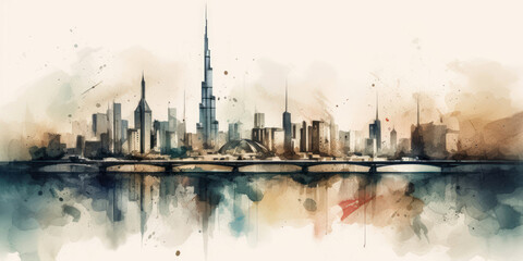 Color watercolor drawing of the silhouette of the City of Dubai. Generative AI.
