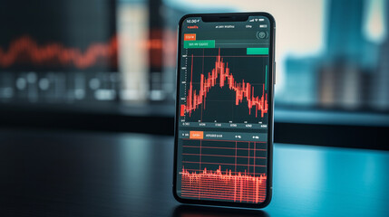 A smartphone screen displaying a live stock price chart with interactive features for tracking market developments.  - obrazy, fototapety, plakaty