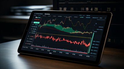 A tablet screen displaying a stock price chart with technical analysis tools, offering insights into market dynamics. 