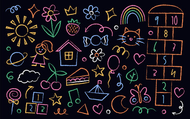 Collection of children school, kindergarten doodles. Cute childish hand drawn scribbles with chalk texture.