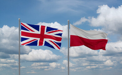 Poland and United Kingdom flags, country relationship concept - obrazy, fototapety, plakaty