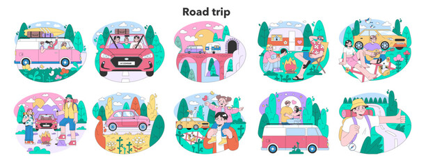 Naklejka premium Road trip set. Young people or family going on vacation by a car.