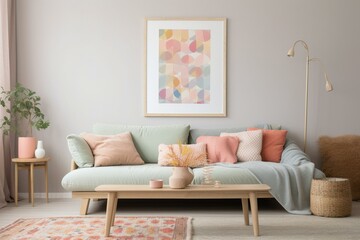 Living room with bohemian design, pastel colors, mock-up frame for picture. Generative AI