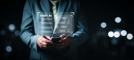 Chat with AI technology, Artificial Intelligence. man using technology smart robot AI, artificial intelligence by enter command prompt for generates something, Futuristic technology transformation.