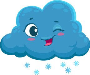 Cartoon winter snow cloud cute weather character. Isolated vector fluffy cloud with falling snowflakes and friendly smiling face expression. Children book, game or meteorology forecast personage