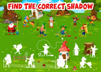 Find correct shadow of cartoon fairytale funny gnomes at village, vector puzzle game. Kids worksheet for shadow match with cute dwarf gnomes in forest or garden village with fairy tale houses