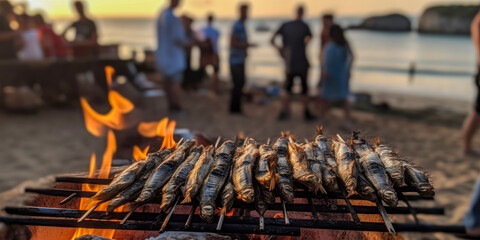 Typical Spanish cuisine. Sardine spit on the beach. Generative AI.