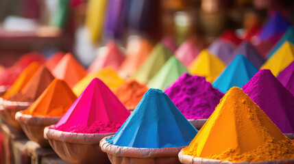 Colorful piles of powder sold on the market before Holi festival India