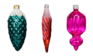 Vintage multicolored glass toy for Christmas tree spruce cone, curl, original shape decoration close-up isolated on transparent background set 3 pieces