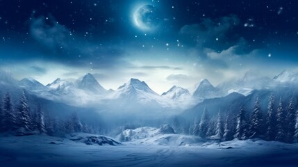 Fototapeta na wymiar winter night forest background with stars, snowy trees and snowy mountains , winter and christmas concept, copy space for text