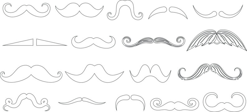 Mustache line art styles vector illustration, black and white collection of different facial hair designs. This is a perfect image for Movember, Father’s Day, or any mustache themed project.