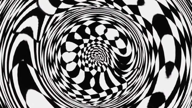 3d abstract Psychedelic twisting checker retro y2k Hypnos Circles tunnel black and white background seamless animation 4k 30fps