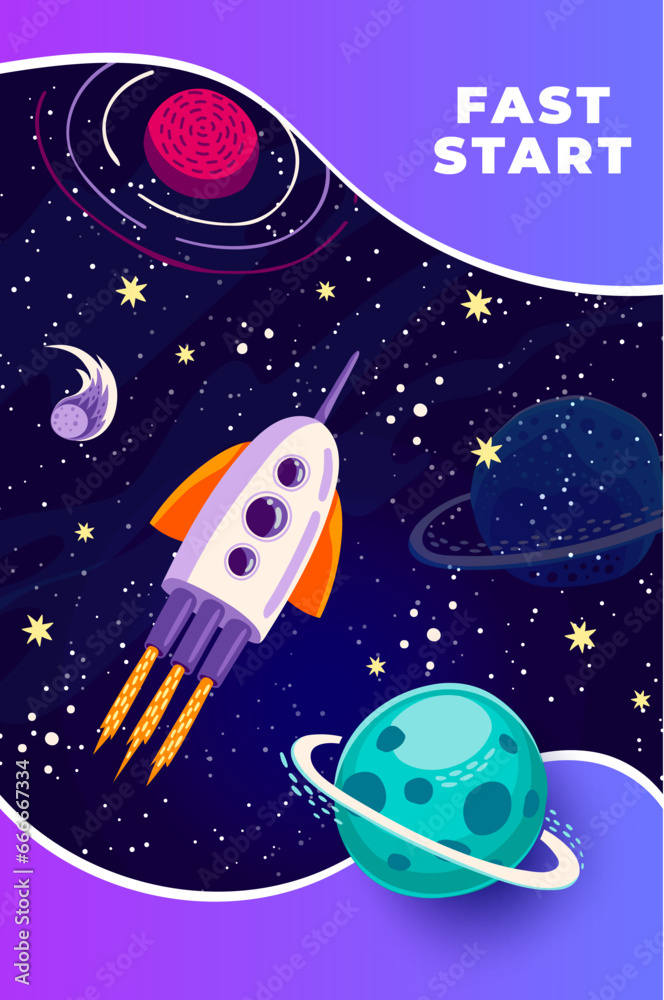 Poster flying rocket spaceship in starry galaxy space with planets and asteroids, cartoon vector poster. ro
