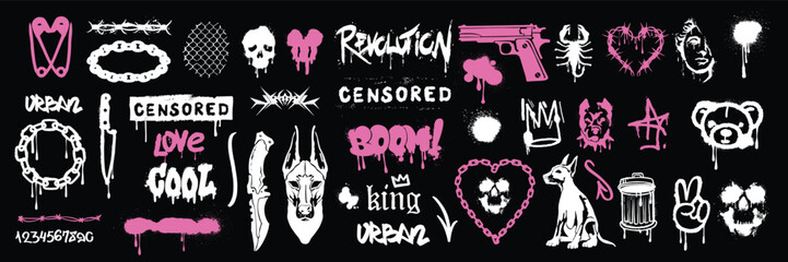 Street spray graffiti element set, vector urban grunge splash typography effect, retro ghetto print. Gangster tattoo kit, underground can hip-hop sign, heart, doberman, chain, gun. Street graffiti - obrazy, fototapety, plakaty