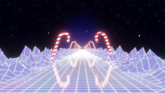 3d neon 80s 90s retro way sunset Christmas cand road. Retro cyber futuristic background. New year eve. Blue white sci-fi snow Glow and shine synthwave present seamless looped 4k 30fps animation. y2k