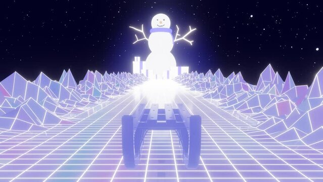 3d neon 80s 90s retro way snow winter Christmas snowman road. Retro cyberpunk futuristic background. New year eve. Blue sci-fi white snow Glow and shine synthwave  looped 4k 30fps animation. y2k